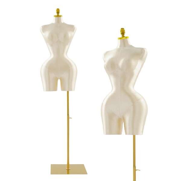Adjustable Height Female Torso Mannequin With Gold Stand, Champagne Gold Satin Clothing Display Bust, Freestanding Garment Display Model, For Boutique Window Counter Studio Fashion Show Photography Dress Coat Wedding Garment Display Rack